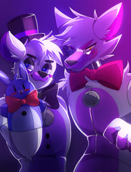 Size: 1900x2500 | Tagged: safe, artist:mizu414, funtime foxy (fnaf), animatronic, bear, canine, fictional species, fox, mammal, robot, anthro, five nights at freddy's, 2019, abstract background, bigender, bon bon (fnaf), bow, bow tie, clothes, cute, fluff, funtime freddy (fnaf), group, hand puppet, hat, headwear, lidded eyes, looking at you, male, smiling, this will not end well, tongue, tongue out, trio, white body