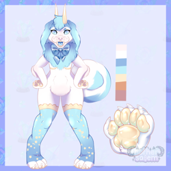 Size: 1080x1080 | Tagged: safe, artist:mothersalem, oc, adoptable, claws, clothes, color palette, cyan eyes, design, fangs, featureless crotch, furry design, fursona, horns, legwear, open mouth, paw pads, paws, reference sheet, sharp teeth, standing, stockings, tail, teeth, watermark
