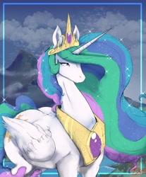 Size: 1200x1446 | Tagged: safe, artist:thelunarmoon, princess celestia (mlp), alicorn, equine, fictional species, mammal, pony, feral, friendship is magic, hasbro, my little pony, 2022, crown, feathered wings, feathers, female, folded wings, headwear, horn, jewelry, mare, peytral, regalia, solo, solo female, style emulation, tail, wings
