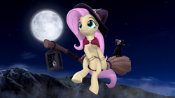 Size: 3840x2160 | Tagged: safe, artist:owlpirate, fluttershy (mlp), cat, equine, feline, fictional species, mammal, pegasus, pony, feral, friendship is magic, hasbro, my little pony, 16:9, 2022, 3d, 4k, black cat, bracelet, broom, clothes, costume, digital art, eyelashes, female, flying, flying broomstick, full moon, hair, halloween, halloween costume, hat, headwear, high res, holiday, jewelry, lantern, mane, mare, moon, pink hair, pink mane, pink tail, riding, smiling, solo, solo female, source filmmaker, tail, witch costume, witch hat, yellow body