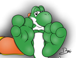 Size: 1024x788 | Tagged: safe, artist:benjipaws, yoshi (mario), fictional species, yoshi (species), semi-anthro, mario (series), nintendo, 2016, barefoot, feet, fetish, foot fetish, foot focus, male, shoes removed, soles, solo, solo male, toes