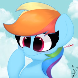 Size: 3000x3000 | Tagged: safe, artist:daftramms, rainbow dash (mlp), equine, fictional species, mammal, pegasus, pony, feral, friendship is magic, hasbro, my little pony, 2022, boop, cute, fanart, female, high res, mare, self boop, sky, solo, solo female