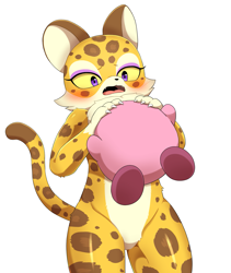 Size: 1653x1961 | Tagged: suggestive, artist:sum, clawroline (kirby), kirby (kirby), big cat, feline, fictional species, leopard, mammal, puffball (kirby), anthro, kirby (series), nintendo, 2022, ambiguous gender, bedroom eyes, black nose, blushing, boob smothering, claws, digital art, duo, ears, eyelashes, female, fur, open mouth, sharp teeth, simple background, spotted body, spotted fur, tail, teeth, tongue