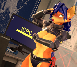 Size: 2484x2160 | Tagged: suggestive, alternate version, artist:purplefondue, carmelita fox (sly cooper), canine, fox, mammal, anthro, sly cooper (series), 2021, 3d, bedroom eyes, belly button, black nose, blushing, breasts, clothes, covering breasts, digital art, ear piercing, ears, evening gloves, eyelashes, female, female focus, fingerless gloves, fur, gloves, gun, hair, handgun, long gloves, nudity, panties, piercing, police uniform, salute, solo focus, source filmmaker, tail, tank top, thighs, topwear, underwear, vixen, weapon, wide hips