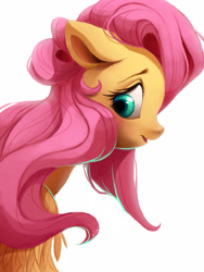Size: 3000x4000 | Tagged: safe, artist:shira-hedgie, fluttershy (mlp), equine, fictional species, mammal, pegasus, pony, feral, friendship is magic, hasbro, my little pony, 2015, female, floppy ears, hair, high res, looking away, looking down, mane, mare, open mouth, pink hair, pink mane, profile, side view, simple background, smiling, solo, solo female, white background, yellow body