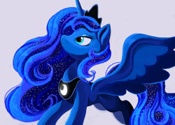 Size: 2800x2000 | Tagged: safe, artist:shira-hedgie, princess luna (mlp), alicorn, equine, fictional species, mammal, pony, feral, friendship is magic, hasbro, my little pony, 2015, blue eyes, crown, ethereal mane, eyelashes, feathered wings, feathers, female, happy, headwear, high res, horn, jewelry, looking up, mare, peytral, regalia, simple background, smiling, solo, solo female, spread wings, wavy mane, white background, wings