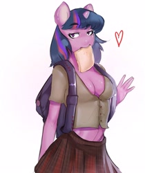 Size: 3284x3916 | Tagged: safe, artist:melkaya, twilight sparkle (mlp), equine, fictional species, mammal, pony, unicorn, anthro, friendship is magic, hasbro, my little pony, 2022, absolute cleavage, anthrofied, bread, breasts, cleavage, clothes, female, food, high res, holding, horn, looking at you, mare, midriff, mouth hold, purple body, simple background, solo, solo female, toast, white background