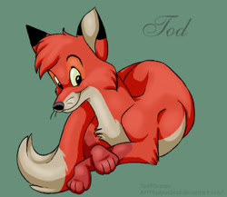 Size: 500x434 | Tagged: safe, artist:ladyundead, tod (the fox and the hound), canine, fox, mammal, red fox, feral, disney, the fox and the hound, 2d, crossed legs, green background, looking at you, low res, male, simple background, smiling, smiling at you, solo, solo male