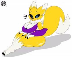 Size: 2048x1638 | Tagged: suggestive, artist:nr_ac, fictional species, renamon, anthro, digitigrade anthro, digimon, 2022, big breasts, black nose, black sclera, breasts, clothes, colored sclera, digital art, ears, female, fur, sitting, solo, solo female, tail, tank top, topwear