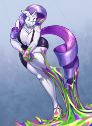 Size: 931x1280 | Tagged: suggestive, artist:toughset, rarity (mlp), equine, fictional species, mammal, pony, unicorn, anthro, friendship is magic, hasbro, my little pony, 2022, absolute cleavage, anthrofied, big breasts, blue eyes, breasts, cleavage, clothes, dress, ears, ears down, female, fur, glistening, glistening body, glistening clothing, gritted teeth, hair, high heels, horn, long hair, looking down, mane, purple hair, purple mane, purple tail, shoes, slime, solo, solo female, sticky, stuck, tail, teeth, white body, white fur