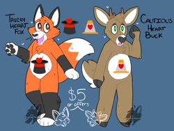 Size: 1280x960 | Tagged: safe, artist:allstar, oc, oc:cautious heart buck (care bears), oc:tricky heart fox (care bears), canine, cervid, deer, fox, mammal, semi-anthro, care bears, 2017, ambiguous gender, blue background, buck, character name, duo, english text, heart, male, simple background, standing, text