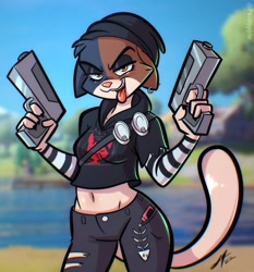 Size: 1905x2048 | Tagged: safe, artist:psicoyote, meow skulls (fortnite), calico, cat, feline, mammal, anthro, epic games, fortnite, 2022, bandolier, beanie, belly button, black body, black clothing, black fur, blurred background, bottomwear, brown body, brown fur, bust, cel shading, cell phone, clothes, crop top, cropped shirt, dated, day, denim, denim clothing, dual wielding, ear piercing, female, fishbone, fur, grass, gun, guns akimbo, handgun, hat, headgear, headwear, high res, holding, holding object, holding weapon, hoodie, jeans, looking at you, midriff, mottled, multicolored body, multicolored fur, narrowed eyes, open mouth, open smile, outdoors, pants, pattern clothing, phone, piebald, piercing, pistol, plant, portrait, pose, print clothing, ranged weapon, ripped jeans, ripped pants, shaded, signature, sky, smartphone, smiling, solo, solo female, striped clothes, striped sleeves, stripes, tan body, tan fur, three-quarter portrait, tongue, tongue out, topwear, torn bottomwear, torn clothes, torn pants, tree, video game, water, weapon, yellow eyes