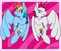 Size: 3000x2500 | Tagged: safe, artist:shiiiny, rainbow dash (mlp), zipp storm (mlp), equine, fictional species, mammal, pegasus, pony, feral, friendship is magic, hasbro, my little pony, my little pony g5, spoiler:my little pony g5, 2022, back to back, duo, duo female, feathered wings, feathers, female, females only, floating, high res, mare, one wing out, pink background, ponytober, simple background, wings