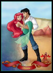 Size: 600x824 | Tagged: safe, artist:nightwing1975, ariel (the little mermaid), arthropod, crab, crustacean, fictional species, fish, hermit crab, human, mammal, mermaid, feral, humanoid, disney, the little mermaid (disney), 2013, 2d, female, group, male, on model, prince eric (the little mermaid), sebastian (the little mermaid), trio