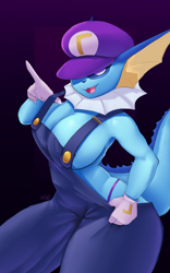 Size: 2500x4000 | Tagged: suggestive, artist:faejunkie, waluigi (mario), eeveelution, fictional species, mammal, vaporeon, anthro, mario (series), nintendo, pokémon, 2022, breasts, clothes, cosplay, female, hat, headwear, huge breasts, overalls, solo, solo female, tail, thick thighs, thighs, wide hips