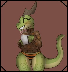 Size: 898x957 | Tagged: safe, artist:squalbo, oc, oc:amber (squalbo), fictional species, kobold, reptile, anthro, clothes, coffee mug, female, horns, panties, solo, solo female, sweater, tail, thick thighs, thighs, topwear, underwear, wide hips