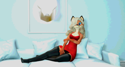 Size: 3840x2066 | Tagged: safe, oc, oc only, oc:stacy kotlowski, canine, fox, mammal, anthro, blonde hair, blue eyes, bottomwear, clothes, couch, digital art, dress, ears, eyeshadow, female, hair, high heels, indoors, legwear, long hair, looking at you, makeup, red dress, shoes, smiling, solo, solo female, stockings, vixen