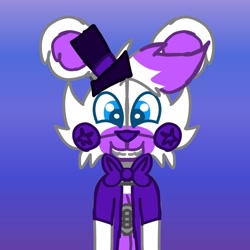 Size: 1280x1280 | Tagged: safe, artist:bluedeerfox14, animatronic, bear, fictional species, mammal, robot, anthro, five nights at freddy's, bow, bow tie, clothes, fangs, funtime freddy (fnaf), male, sharp teeth, smiling, solo, solo male, teeth, top hat, topwear, vest