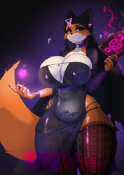 Size: 900x1273 | Tagged: safe, artist:manedkitsune, artist:manedlionne, maid marian (robin hood), canine, fox, mammal, anthro, disney, robin hood (disney), 2022, bedroom eyes, belly, black nose, book, bottomwear, bra, breasts, cleavage, clothes, digital art, dress, ears, eyelashes, female, fur, hair, halloween, headdress, holiday, huge breasts, legwear, magic, panties, pose, see-through, side slit, solo, solo female, spellbook, stockings, tail, thick thighs, thighs, unamused, underwear, vixen, wide hips, witch, womb tattoo