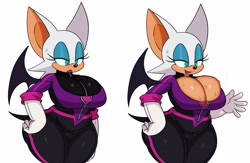 Size: 2907x1899 | Tagged: safe, artist:ss2sonic, rouge the bat (sonic), bat, mammal, anthro, sega, sonic prime, sonic the hedgehog (series), bodysuit, breasts, cleavage, clothes, female, huge breasts, solo, solo female, sweat, thick thighs, thighs, tight clothing, wide hips