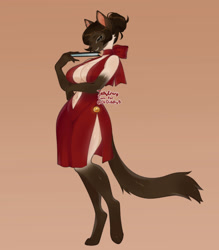 Size: 2626x3000 | Tagged: safe, artist:drdiddlyb, cat, feline, mammal, siamese, anthro, digitigrade anthro, absolute cleavage, arm under breasts, bedroom eyes, belly button, belly fluff, big breasts, black nose, black sclera, bottomwear, breasts, brown body, brown fur, brown hair, claws, cleavage, clothes, colored sclera, cream body, cream fur, curvy, dress, ear piercing, elegant, fan, female, fluff, fur, gloves (arm marking), hair, hair bun, industrial piercing, legs, little red dress, mask (facial marking), neck bow, paws, piercing, seductive, sexy, side slit, simple background, socks (leg marking), solo, solo female, tail, tail fluff, thighs, two toned body