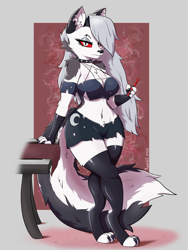 Size: 1100x1466 | Tagged: safe, artist:azerkit, loona (vivzmind), canine, fictional species, hellhound, mammal, anthro, digitigrade anthro, helluva boss, 2022, belly button, belly button piercing, bottomwear, breasts, cell phone, chest fluff, clothes, collar, colored sclera, crop top, ear fluff, ear piercing, earring, ears, eyebrow piercing, eyebrows, eyelashes, female, fingerless gloves, fluff, fur, gloves, gray body, gray fur, gray hair, hair, hair over one eye, legwear, looking at you, midriff, phone, piercing, pubic fluff, red sclera, shorts, shoulder fluff, slit pupils, smartphone, solo, solo female, spiked collar, stockings, table, tail, tail fluff, thick thighs, thighs, toeless legwear, toeless stockings, topwear, torn clothes, torn ear, white body, white fur, wide hips