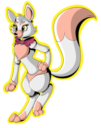Size: 1280x1617 | Tagged: safe, artist:neoperks, mangle (fnaf), animatronic, canine, fictional species, fox, mammal, robot, semi-anthro, five nights at freddy's, bigender, bow, bow tie, clothes, fur, hand on hip, looking ahead, open mouth, pink body, pink fur, simple background, solo, white background, white body, white fur, yellow outline
