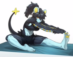 Size: 2619x2018 | Tagged: safe, artist:pgm300, fictional species, luxray, mammal, anthro, plantigrade anthro, nintendo, pokémon, abs, belly button, biceps, big breasts, bottomwear, breasts, claws, cleavage, clothes, colored sclera, female, fluff, hair, hair over one eye, hamstrings, midriff, muscles, muscular female, pale belly, paw feet, paw pads, paws, pink nose, ponytail, quadriceps, red sclera, sexy, shorts, shoulder fluff, sideboob, socks (leg marking), solo, solo female, sports bra, sports shorts, stretching, topwear, workout, workout clothes, yellow eyes
