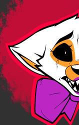 Size: 554x874 | Tagged: safe, edit, editor:taeko, lolbit (fnaf), canine, fox, mammal, five nights at freddy's, abstract background, blood, bow, bow tie, cheek fluff, clothes, ear fluff, female, floppy ears, fluff, fur, half face, head only, looking at you, open mouth, scared, sharp teeth, solo, solo female, teeth, vixen, white body, white fur
