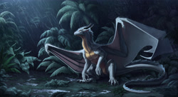 Size: 4600x2509 | Tagged: safe, artist:keltaan, dragon, fictional species, feral, forest, horns, male, rain, scales, solo, solo male, tail, wings