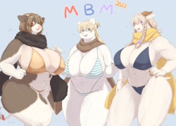 Size: 3500x2500 | Tagged: safe, artist:ch4_n2o, bear, bovid, cattle, cow, mammal, anthro, bikini, breasts, clothes, female, females only, horns, huge breasts, scarf, swimsuit, tail, thick thighs, thighs, trio, trio female, wide hips