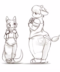 Size: 2500x3000 | Tagged: safe, artist:louart, bovid, cattle, cow, fictional species, kobold, mammal, reptile, anthro, blushing, bottomwear, butt, clothes, female, horns, huge butt, male, off shoulder, pants, shirt, size difference, tail, thick thighs, thighs, topwear