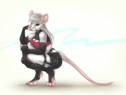 Size: 1500x1132 | Tagged: safe, artist:soot_ashby, mammal, mouse, rodent, anthro, bottomwear, clothes, female, shorts, solo, solo female, squatting, tail, topwear