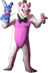 Size: 2551x3842 | Tagged: safe, artist:namygaga, bear, lagomorph, mammal, rabbit, anthro, five nights at freddy's, 2017, blue body, bon bon (fnaf), clothes, duo, fluff, funtime freddy (fnaf), fur, furrified, hand puppet, hat, headwear, holding, holding object, looking offscreen, male, males only, microphone, open mouth, pink body, pink fur, pointing, simple background, smiling, standing, transparent background, white body