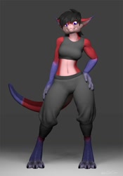Size: 1398x2000 | Tagged: safe, artist:thedoncoon, fictional species, kobold, reptile, anthro, 3d, bottomwear, breasts, clothes, digital art, female, pants, solo, solo female, tail, thick thighs, thighs, topwear, wide hips