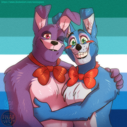 Size: 2000x2000 | Tagged: safe, artist:namygaga, bonnie (fnaf), toy bonnie (fnaf), lagomorph, mammal, rabbit, anthro, five nights at freddy's, 2021, abstract background, blue body, bonbonnie (fnaf), bow, bow tie, clothes, duo, duo male, flag, flag background, fluff, gay pride flag, green eyes, gritted teeth, hand on shoulder, looking at you, male, male/male, males only, one eye closed, pink eyes, pride flag, purple body, shipping, signature, smiling, standing, teeth, vincian pride flag, winking