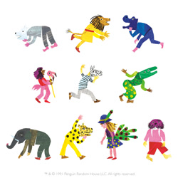 Size: 1500x1500 | Tagged: safe, artist:eric carle, bear, big cat, bird, cheetah, crocodile, crocodilian, elephant, equine, feline, flamingo, galliform, hippopotamus, human, lion, mammal, peafowl, polar bear, reptile, walrus, zebra, 1991, ambiguous gender, clothes, costume, female, group, simple background, white background