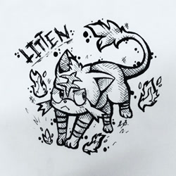 Size: 1024x1024 | Tagged: safe, artist:typh, fictional species, litten, feral, nintendo, pokémon, 2017, ambiguous gender, fire, ink drawing, solo, solo ambiguous, starter pokémon, traditional art