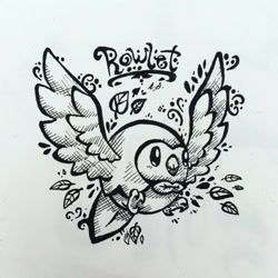 Size: 1024x1024 | Tagged: safe, artist:typh, fictional species, rowlet, feral, nintendo, pokémon, 2017, ambiguous gender, flying, ink drawing, leaf, solo, solo ambiguous, starter pokémon, three-quarter view, traditional art