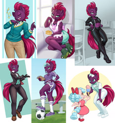 Size: 2000x2144 | Tagged: safe, artist:dstears, part of a set, cozy glow (mlp), tempest shadow (mlp), equine, fictional species, mammal, pony, unicorn, anthro, plantigrade anthro, friendship is magic, hasbro, my little pony, my little pony: the movie, 2022, 2d, anthrofied, ball, belly button, belt, blowing whistle, breasts, broken horn, clipboard, clothes, compilation, cute, eye scar, eyes closed, facial scar, female, filly, foal, gloves, grass, gym teacher tempest, high res, holding, horn, mare, midriff, mouth hold, open mouth, ponytones outfit, reasonably sized breasts, scar, school of friendship, shoes, simple background, singing, soccer, soccer ball, socks, solo, solo female, sports, suit, tail, visor cap, whistle, whistle necklace, wide hips, young