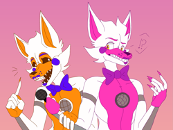 Size: 2279x1707 | Tagged: safe, artist:bsocguk, funtime foxy (fnaf), lolbit (fnaf), animatronic, canine, fictional species, fox, mammal, robot, anthro, five nights at freddy's, 2022, bigender, bow, bow tie, clothes, duo, exclamation point, female, gradient background, gritted teeth, holding, holding object, looking at each other, microphone, open mouth, pointing, question mark, standing, surprised, teeth, vixen