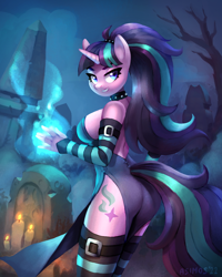 Size: 1600x2000 | Tagged: suggestive, artist:asimos, starlight glimmer (mlp), equine, fictional species, mammal, pony, unicorn, anthro, friendship is magic, hasbro, my little pony, 2022, alternate hairstyle, anthrofied, breasts, butt, candle, cemetery, clothes, collar, cute, female, fog, furgonomics, glutes, goth, gravestone, hair, horn, legwear, looking at you, looking back, looking over shoulder, magic, mare, night, nightmare night, plant, s5 starlight (mlp), sexy, smiling, smiling at you, solo, solo female, spiked collar, stockings, tail, tail hole, thigh highs, tree