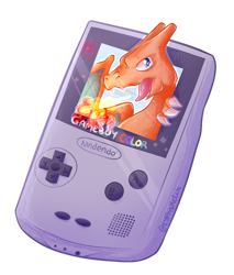 Size: 1024x1203 | Tagged: safe, artist:typh, charizard, fictional species, game boy, nintendo, pokémon, 2017, ambiguous gender, digital art, game boy color, indoors, open mouth, simple background, solo, solo ambiguous, starter pokémon, transparent background