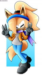 Size: 1024x1822 | Tagged: safe, artist:jasienorko, whisper the wolf (sonic), canine, mammal, wolf, anthro, idw sonic the hedgehog, sega, sonic the hedgehog (series), 2019, abstract background, black gloves, black nose, boots, bottomwear, clothes, double peace sign, eyes closed, fangs, female, finger claws, hair, hair accessory, headwear, pants, ponytail, scarf, sharp teeth, shoes, smiling, solo, solo female, teeth, watermark, winter outfit