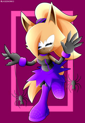 Size: 1024x1473 | Tagged: safe, artist:jasienorko, whisper the wolf (sonic), canine, mammal, wolf, anthro, idw sonic the hedgehog, sega, sonic the hedgehog (series), 2019, black gloves, black nose, boots, bottomwear, breasts, brown body, clothes, costume, eyes closed, fangs, female, finger claws, fingers, gloves, gradient background, hair, hair accessory, hair over one eye, halloween, halloween costume, holding, holding object, leg in air, ponytail, sharp teeth, shoes, skirt, smiling, solo, solo female, tail, teeth