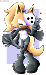 Size: 1024x1659 | Tagged: safe, artist:jasienorko, whisper the wolf (sonic), canine, mammal, wolf, anthro, idw sonic the hedgehog, sega, sonic the hedgehog (series), 2020, abstract background, black gloves, black nose, boots, cape, clothes, crossed legs, digital art, fangs, female, gesture, gloves, hair, hair accessory, hair over one eye, heart, knee pads, mask, peace sign, ponytail, sharp teeth, shoes, smiling, solo, solo female, tail, teeth, watermark