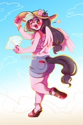 Size: 2000x3000 | Tagged: safe, artist:boorakun, oc, oc:galactic lights, equine, fictional species, mammal, pegasus, pony, anthro, plantigrade anthro, bottomwear, clothes, fan, feet, female, hat, headwear, looking back, one eye closed, sandals, shoes, shorts, solo, solo female, sun hat