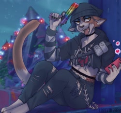 Size: 1280x1196 | Tagged: safe, artist:g0revid, meow skulls (fortnite), calico, cat, feline, mammal, anthro, fortnite, beanie, bottomwear, cell phone, clothes, ear piercing, female, fishnet, fishnet stockings, hoodie, legwear, open mouth, pants, phone, piercing, see-through, sitting, smartphone, solo, solo female, stockings, topwear, video game