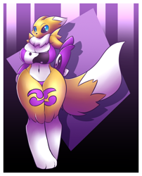 Size: 1050x1301 | Tagged: safe, artist:r-mk, fictional species, renamon, anthro, digitigrade anthro, digimon, 2016, belly button, big breasts, bikini, black nose, black sclera, breasts, clothes, colored sclera, digital art, ears, eyelashes, female, fluff, fur, neck fluff, solo, solo female, swimsuit, tail, thighs, wide hips