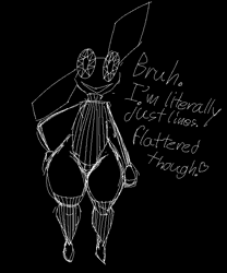 Size: 578x695 | Tagged: safe, artist:spotpot_live, vibri (vib-ribbon), lagomorph, mammal, rabbit, anthro, vib-ribbon, 2022, black and white, bruh, clothes, dialogue, english text, female, front view, grayscale, hand on hip, heart, legwear, leotard, monochrome, no nose, open mouth, solo, solo female, talking, talking to viewer, text, thick thighs, thigh highs, thighs